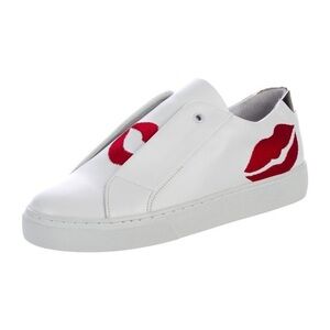 Here/Now White & Red Scarlett Lip Embroidered Leather Low Top Sneaker Size 8